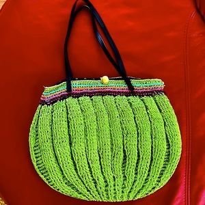 Maggi B Woven Straw Shoulder Bag Tote Striped Accent Spring Green